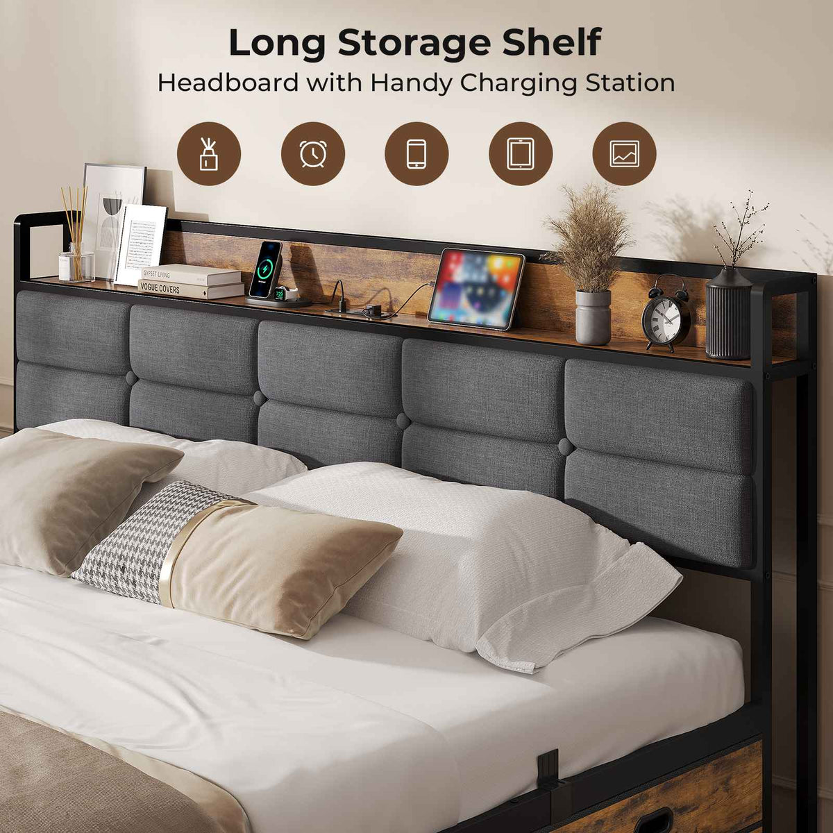 ADORNEVE | King Size Bed Frame with Storage Headboard & 10 Storage Drawers Industrial King Bed Frame with Charging Station