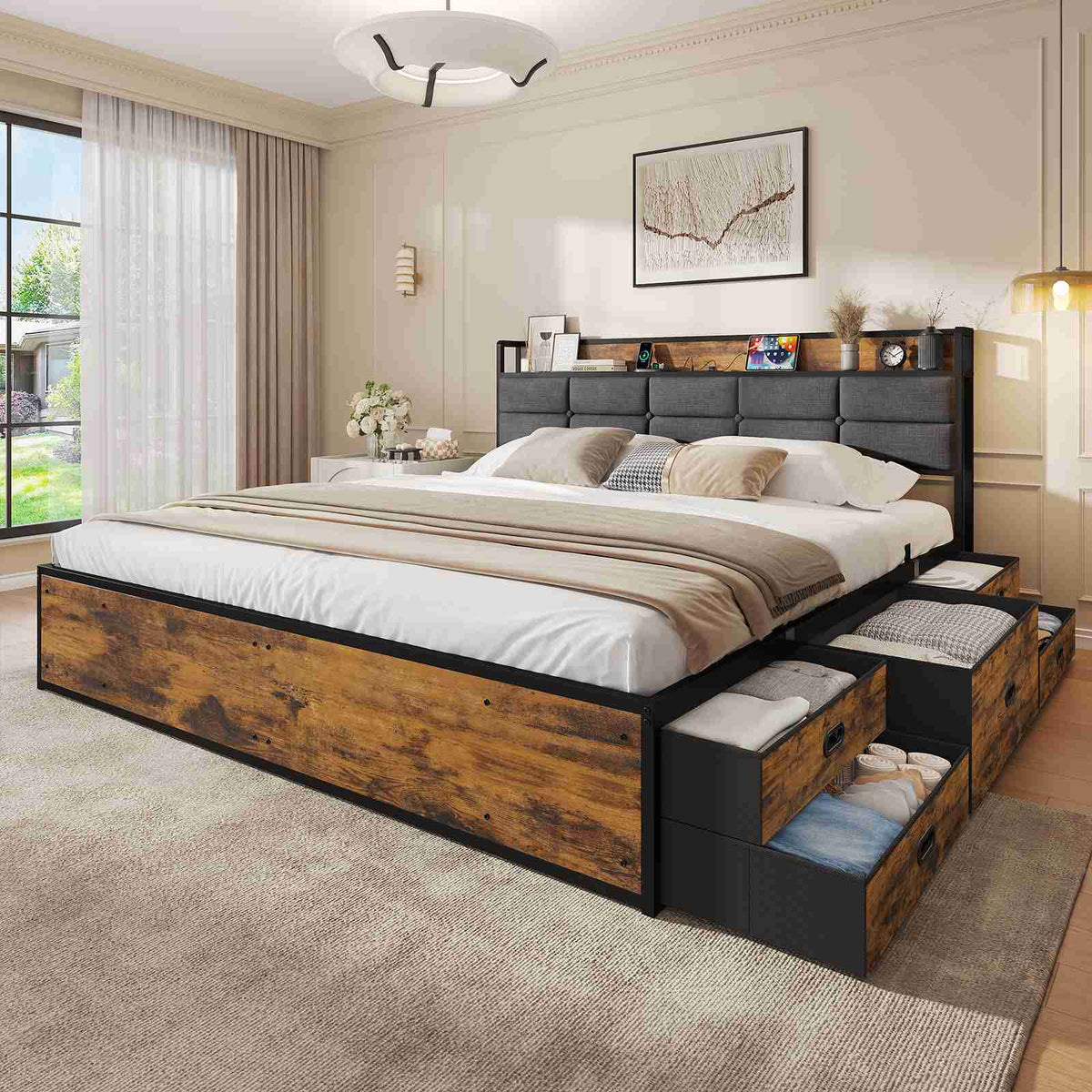 ADORNEVE | King Size Bed Frame with Storage Headboard & 10 Storage Drawers Industrial King Bed Frame with Charging Station