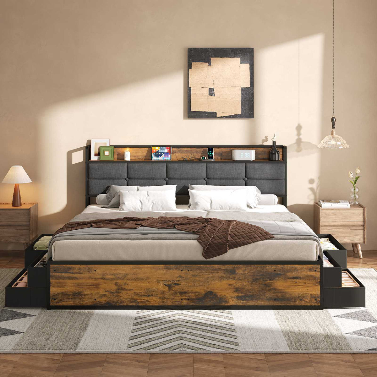 ADORNEVE | King Size Bed Frame with Storage Headboard & 10 Storage Drawers Industrial King Bed Frame with Charging Station
