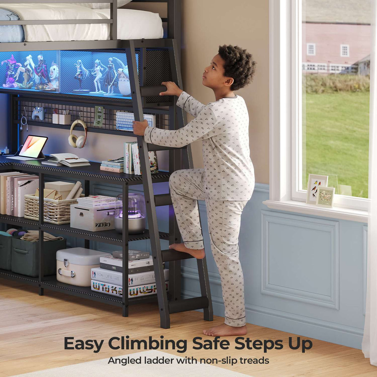 ADORNEVE Gaming Loft Bed Twin Size with U-Shaped Desk and Power Hub Loft Bed with RGB Acrylic Sliding Cabinet and 2-tier Shelf Padded Steps Carbon Fiber Loft Bed with 4 Drawers and  Angled Ladder