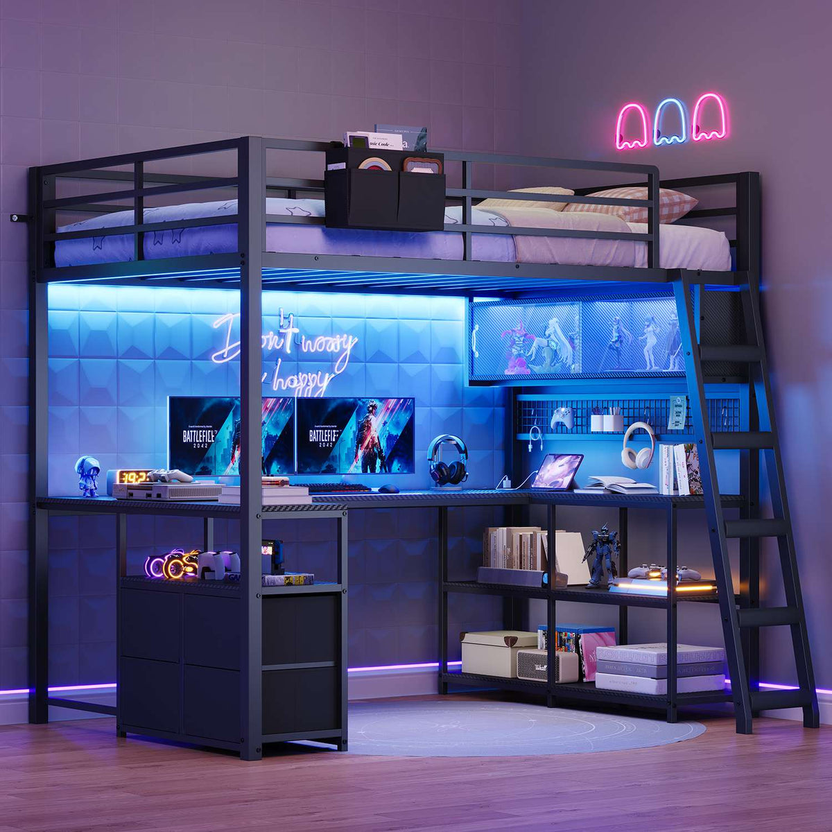 ADORNEVE Gaming Loft Bed Twin Size with U-Shaped Desk and Power Hub Loft Bed with RGB Acrylic Sliding Cabinet and 2-tier Shelf Padded Steps Carbon Fiber Loft Bed with 4 Drawers and  Angled Ladder
