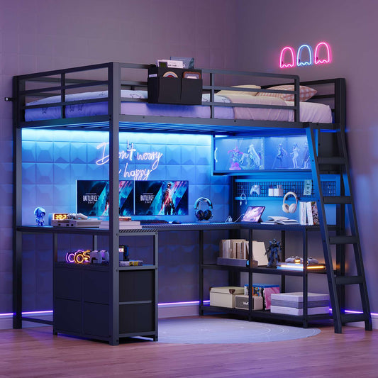 ADORNEVE Gaming Loft Bed Twin Size with U-Shaped Desk and Power Hub Loft Bed with RGB Acrylic Sliding Cabinet and 2-tier Shelf Padded Steps Carbon Fiber Loft Bed with 4 Drawers and  Angled Ladder