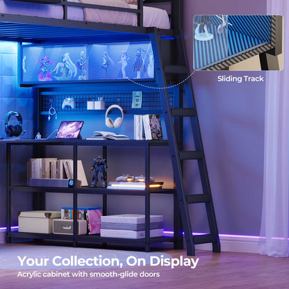 ADORNEVE Gaming Loft Bed Twin Size with U-Shaped Desk and Power Hub Loft Bed with RGB Acrylic Sliding Cabinet and 2-tier Shelf Padded Steps Carbon Fiber Loft Bed with 4 Drawers and  Angled Ladder