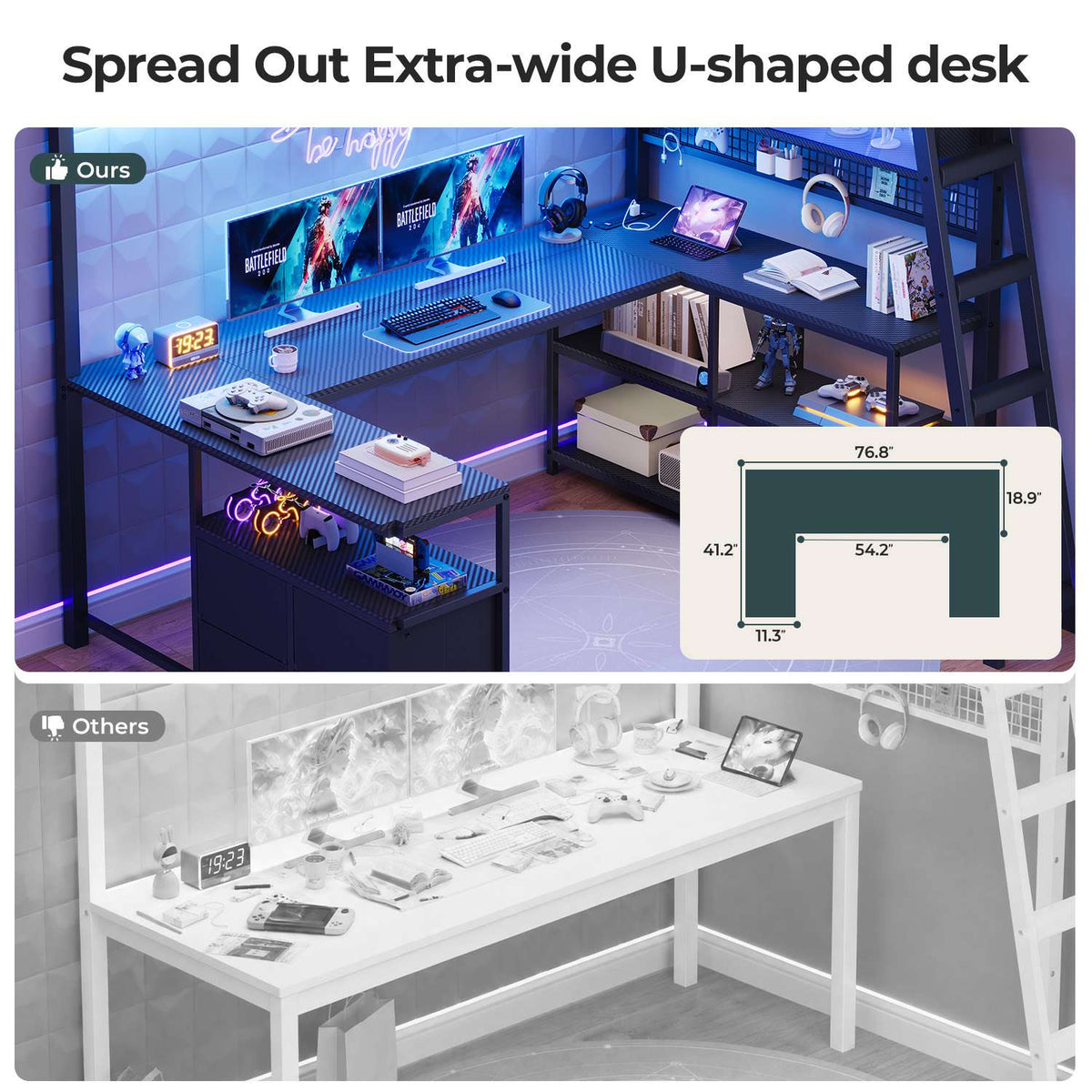 ADORNEVE Gaming Loft Bed Twin Size with U-Shaped Desk and Power Hub Loft Bed with RGB Acrylic Sliding Cabinet and 2-tier Shelf Padded Steps Carbon Fiber Loft Bed with 4 Drawers and  Angled Ladder