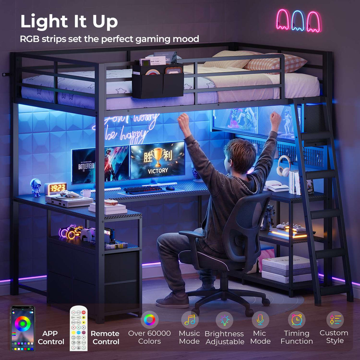 ADORNEVE Gaming Loft Bed Twin Size with U-Shaped Desk and Power Hub Loft Bed with RGB Acrylic Sliding Cabinet and 2-tier Shelf Padded Steps Carbon Fiber Loft Bed with 4 Drawers and  Angled Ladder