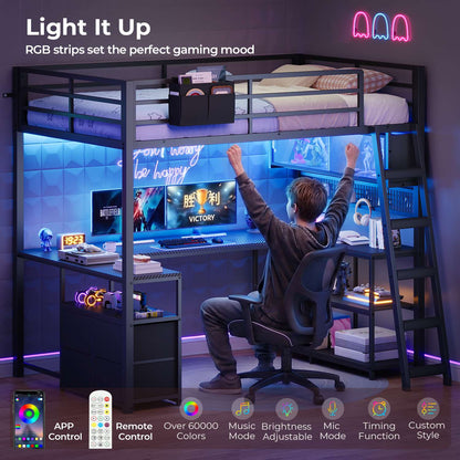 ADORNEVE Gaming Loft Bed Twin Size with U-Shaped Desk and Power Hub Loft Bed with RGB Acrylic Sliding Cabinet and 2-tier Shelf Padded Steps Carbon Fiber Loft Bed with 4 Drawers and  Angled Ladder