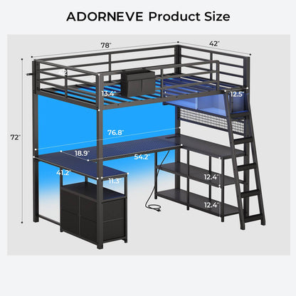 ADORNEVE Gaming Loft Bed Twin Size with U-Shaped Desk and Power Hub Loft Bed with RGB Acrylic Sliding Cabinet and 2-tier Shelf Padded Steps Carbon Fiber Loft Bed with 4 Drawers and  Angled Ladder