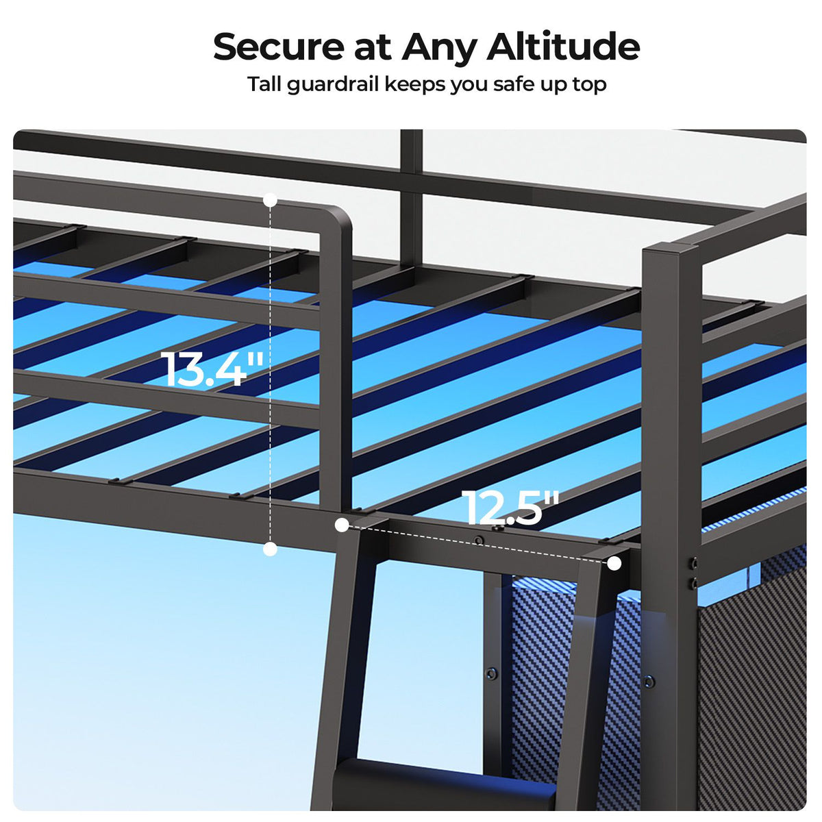 ADORNEVE Gaming Loft Bed Twin Size with U-Shaped Desk and Power Hub Loft Bed with RGB Acrylic Sliding Cabinet and 2-tier Shelf Padded Steps Carbon Fiber Loft Bed with 4 Drawers and  Angled Ladder