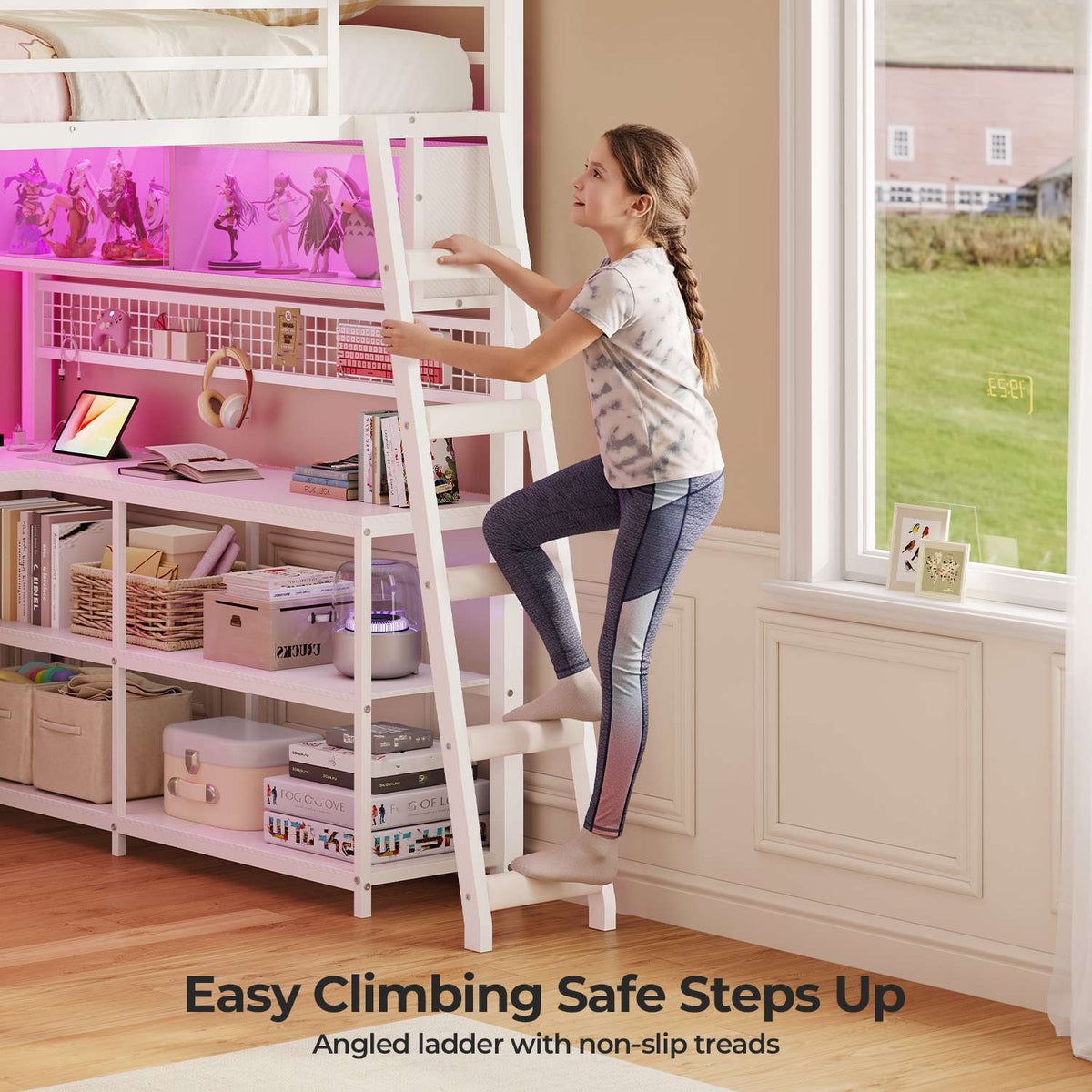 ADORNEVE Gaming Loft Bed Twin Size with U-Shaped Desk and Power Hub Loft Bed with RGB Acrylic Sliding Cabinet and 2-tier Shelf Padded Steps Carbon Fiber Loft Bed with 4 Drawers and  Angled Ladder