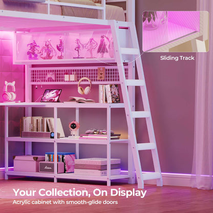 ADORNEVE Gaming Loft Bed Twin Size with U-Shaped Desk and Power Hub Loft Bed with RGB Acrylic Sliding Cabinet and 2-tier Shelf Padded Steps Carbon Fiber Loft Bed with 4 Drawers and  Angled Ladder