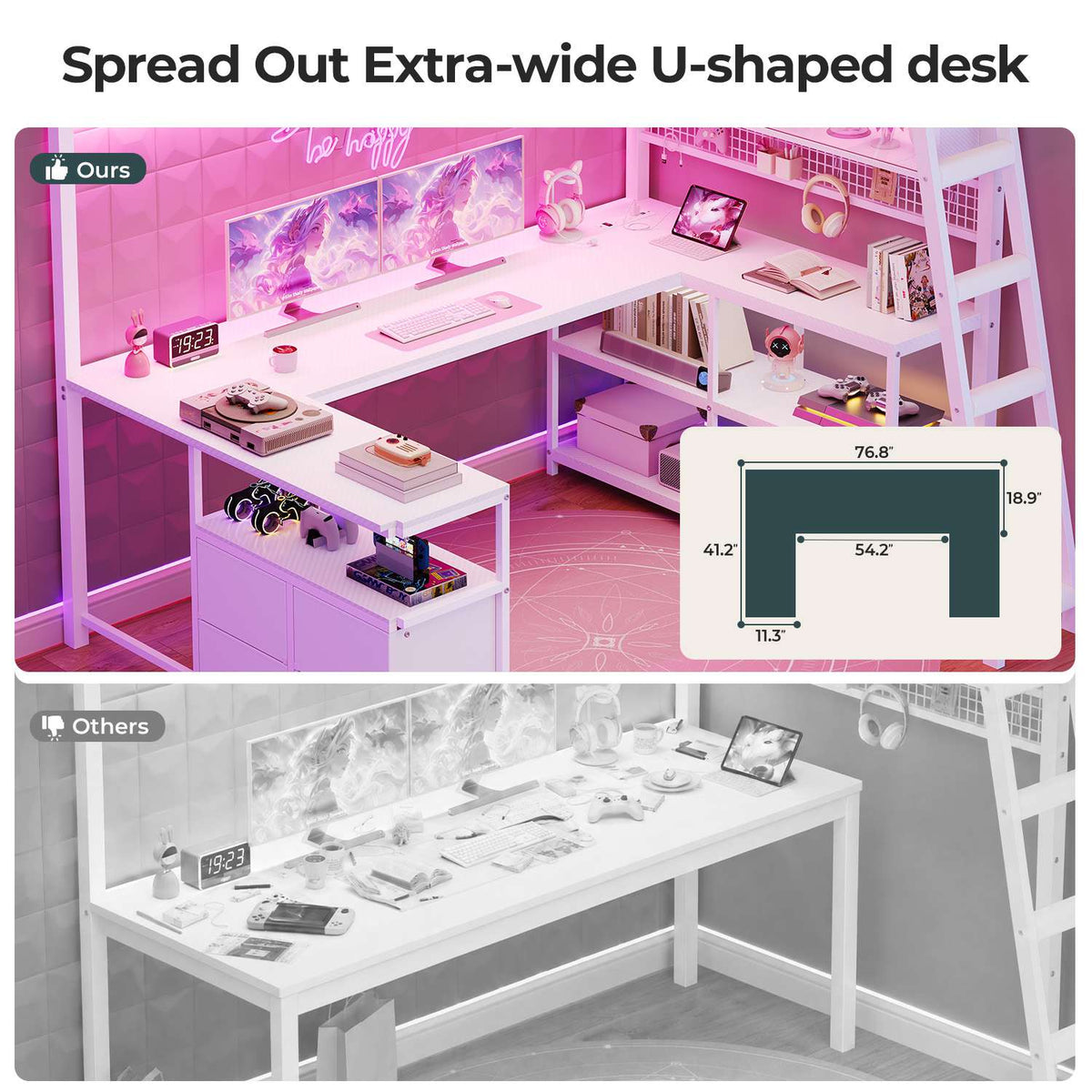 ADORNEVE Gaming Loft Bed Twin Size with U-Shaped Desk and Power Hub Loft Bed with RGB Acrylic Sliding Cabinet and 2-tier Shelf Padded Steps Carbon Fiber Loft Bed with 4 Drawers and  Angled Ladder