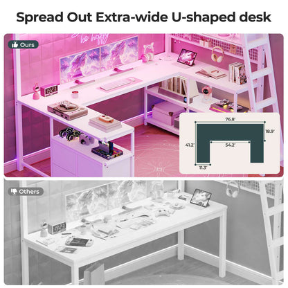 ADORNEVE Gaming Loft Bed Twin Size with U-Shaped Desk and Power Hub Loft Bed with RGB Acrylic Sliding Cabinet and 2-tier Shelf Padded Steps Carbon Fiber Loft Bed with 4 Drawers and  Angled Ladder