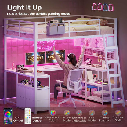 ADORNEVE Gaming Loft Bed Twin Size with U-Shaped Desk and Power Hub Loft Bed with RGB Acrylic Sliding Cabinet and 2-tier Shelf Padded Steps Carbon Fiber Loft Bed with 4 Drawers and  Angled Ladder