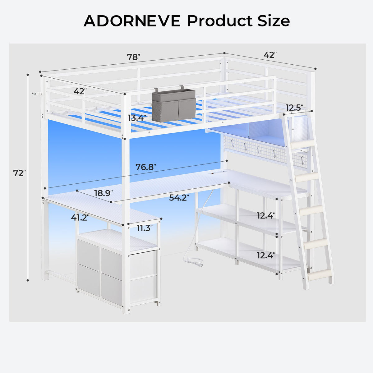 ADORNEVE Gaming Loft Bed Twin Size with U-Shaped Desk and Power Hub Loft Bed with RGB Acrylic Sliding Cabinet and 2-tier Shelf Padded Steps Carbon Fiber Loft Bed with 4 Drawers and  Angled Ladder