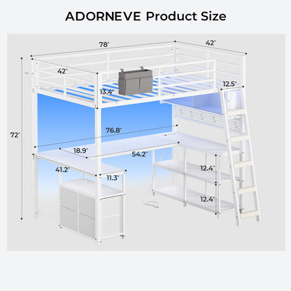 ADORNEVE Gaming Loft Bed Twin Size with U-Shaped Desk and Power Hub Loft Bed with RGB Acrylic Sliding Cabinet and 2-tier Shelf Padded Steps Carbon Fiber Loft Bed with 4 Drawers and  Angled Ladder
