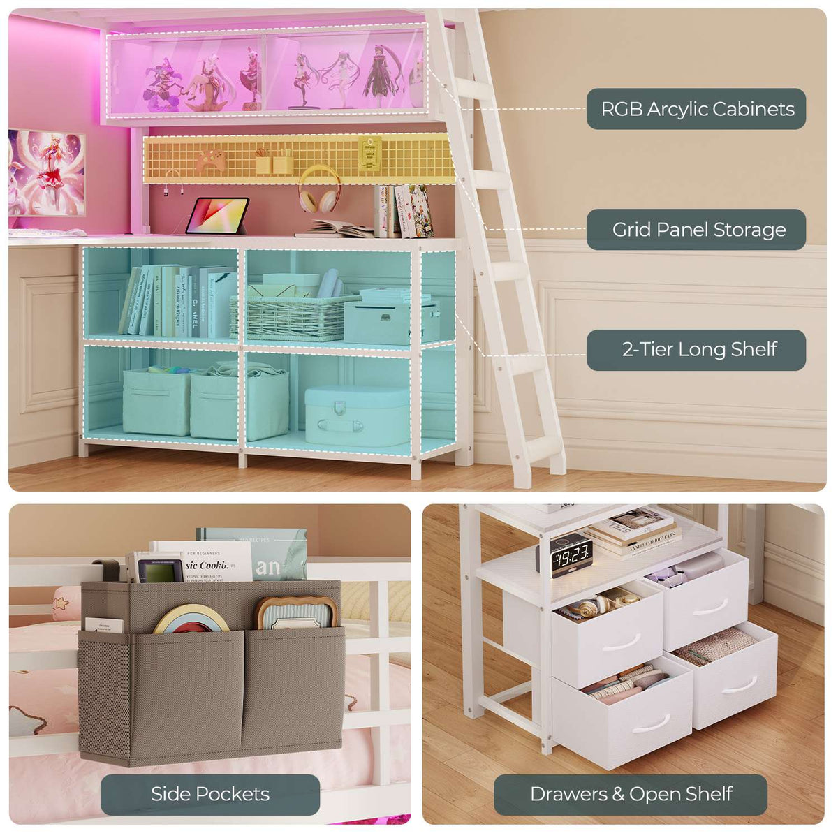 ADORNEVE Gaming Loft Bed Twin Size with U-Shaped Desk and Power Hub Loft Bed with RGB Acrylic Sliding Cabinet and 2-tier Shelf Padded Steps Carbon Fiber Loft Bed with 4 Drawers and  Angled Ladder