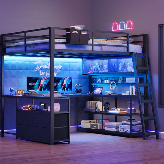 ADORNEVE Gaming Loft Bed Full Size with U-Shaped Desk and Power Hub Loft Bed with RGB Acrylic Sliding Cabinet and 2-tier Shelf Padded Steps Carbon Fiber Loft Bed with 4 Drawers and  Angled Ladder