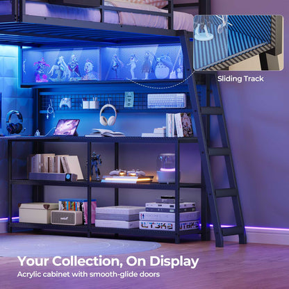 ADORNEVE Gaming Loft Bed Full Size with U-Shaped Desk and Power Hub Loft Bed with RGB Acrylic Sliding Cabinet and 2-tier Shelf Padded Steps Carbon Fiber Loft Bed with 4 Drawers and  Angled Ladder