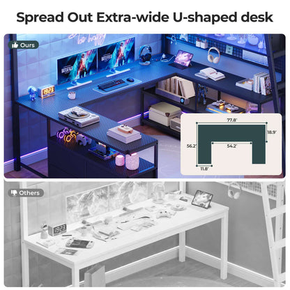 ADORNEVE Gaming Loft Bed Full Size with U-Shaped Desk and Power Hub Loft Bed with RGB Acrylic Sliding Cabinet and 2-tier Shelf Padded Steps Carbon Fiber Loft Bed with 4 Drawers and  Angled Ladder