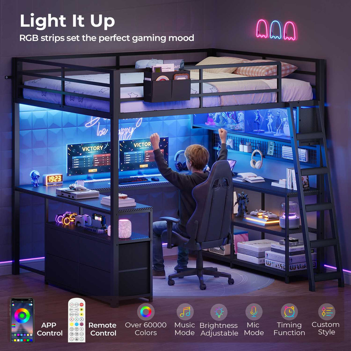 ADORNEVE Gaming Loft Bed Full Size with U-Shaped Desk and Power Hub Loft Bed with RGB Acrylic Sliding Cabinet and 2-tier Shelf Padded Steps Carbon Fiber Loft Bed with 4 Drawers and  Angled Ladder