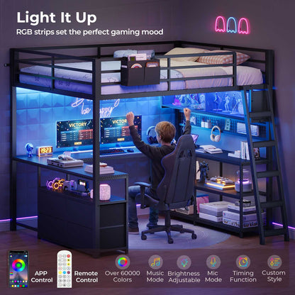 ADORNEVE Gaming Loft Bed Full Size with U-Shaped Desk and Power Hub Loft Bed with RGB Acrylic Sliding Cabinet and 2-tier Shelf Padded Steps Carbon Fiber Loft Bed with 4 Drawers and  Angled Ladder
