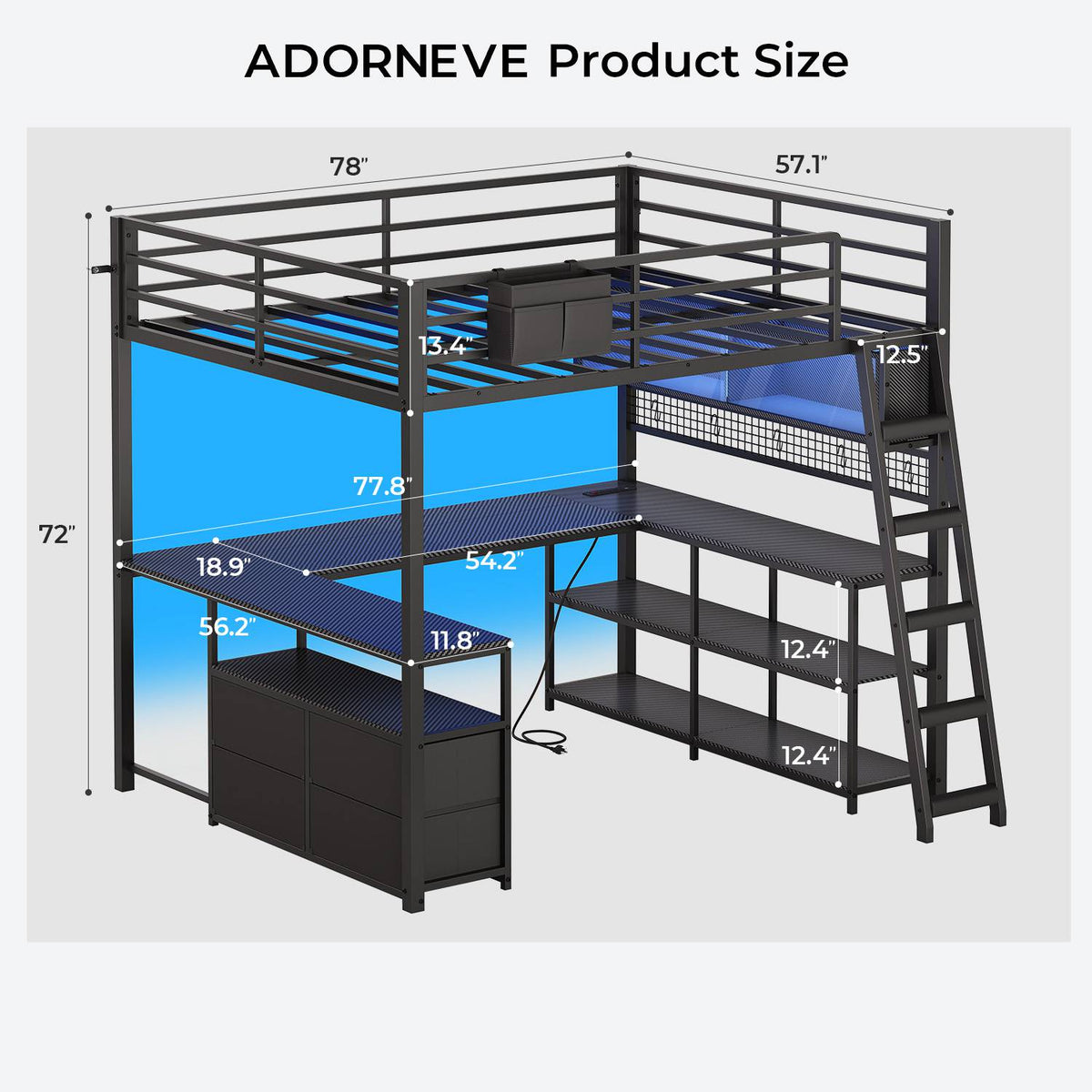 ADORNEVE Gaming Loft Bed Full Size with U-Shaped Desk and Power Hub Loft Bed with RGB Acrylic Sliding Cabinet and 2-tier Shelf Padded Steps Carbon Fiber Loft Bed with 4 Drawers and  Angled Ladder