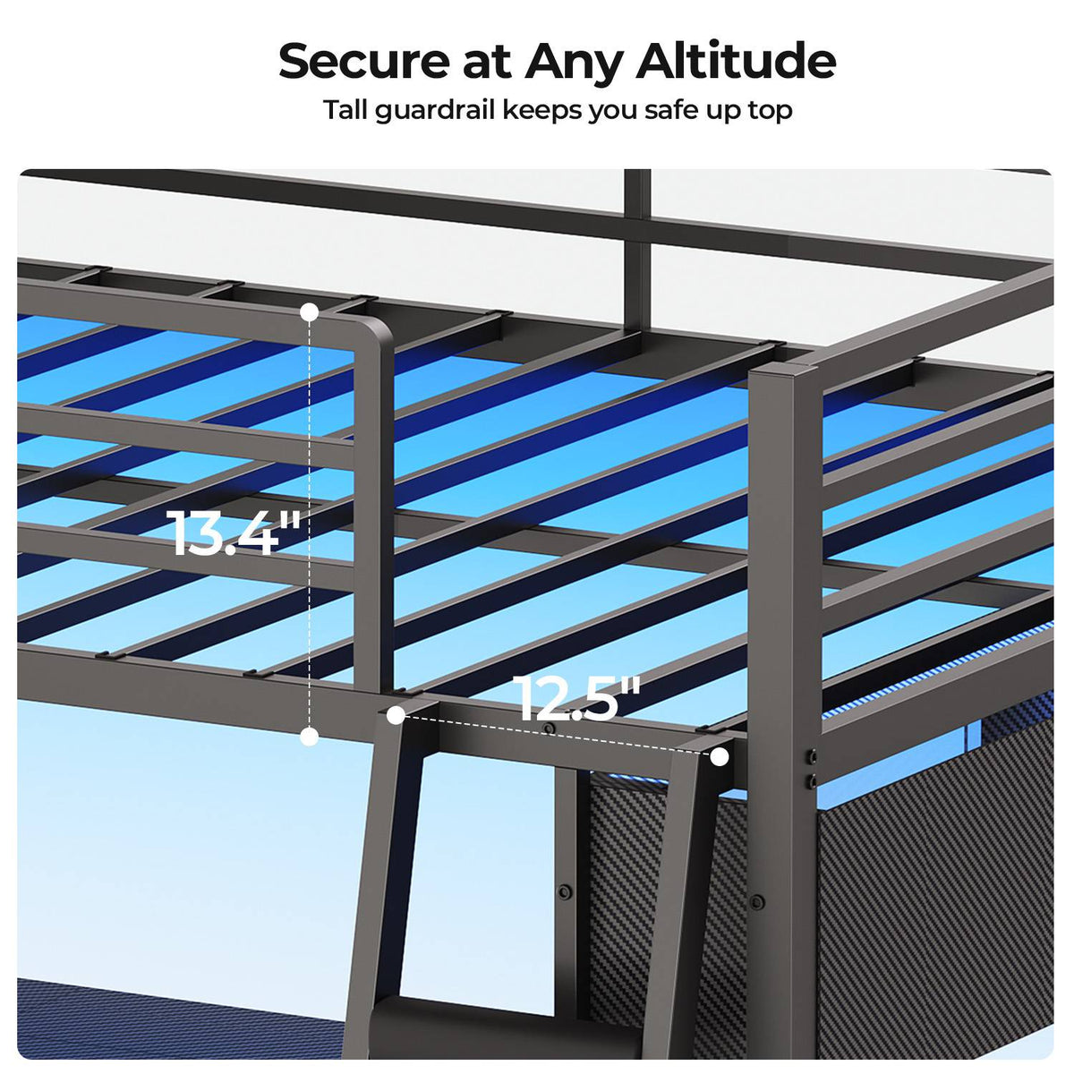 ADORNEVE Gaming Loft Bed Full Size with U-Shaped Desk and Power Hub Loft Bed with RGB Acrylic Sliding Cabinet and 2-tier Shelf Padded Steps Carbon Fiber Loft Bed with 4 Drawers and  Angled Ladder