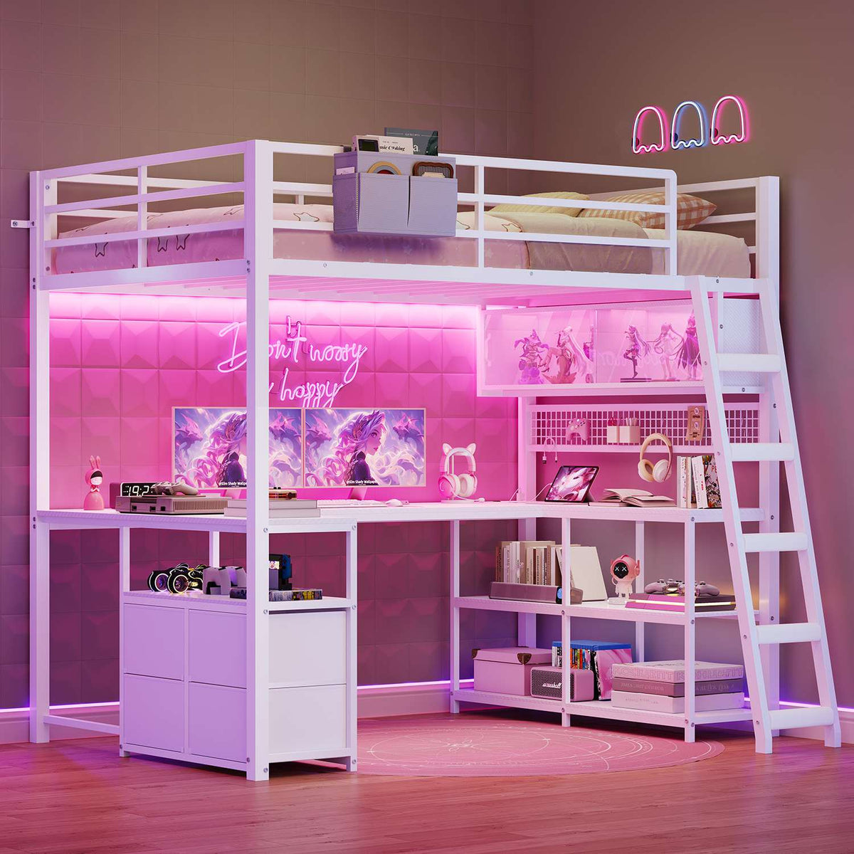 ADORNEVE Gaming Loft Bed Full Size with U-Shaped Desk and Power Hub Loft Bed with RGB Acrylic Sliding Cabinet and 2-tier Shelf Padded Steps Carbon Fiber Loft Bed with 4 Drawers and  Angled Ladder