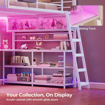 ADORNEVE Gaming Loft Bed Full Size with U-Shaped Desk and Power Hub Loft Bed with RGB Acrylic Sliding Cabinet and 2-tier Shelf Padded Steps Carbon Fiber Loft Bed with 4 Drawers and  Angled Ladder