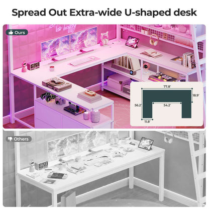 ADORNEVE Gaming Loft Bed Full Size with U-Shaped Desk and Power Hub Loft Bed with RGB Acrylic Sliding Cabinet and 2-tier Shelf Padded Steps Carbon Fiber Loft Bed with 4 Drawers and  Angled Ladder