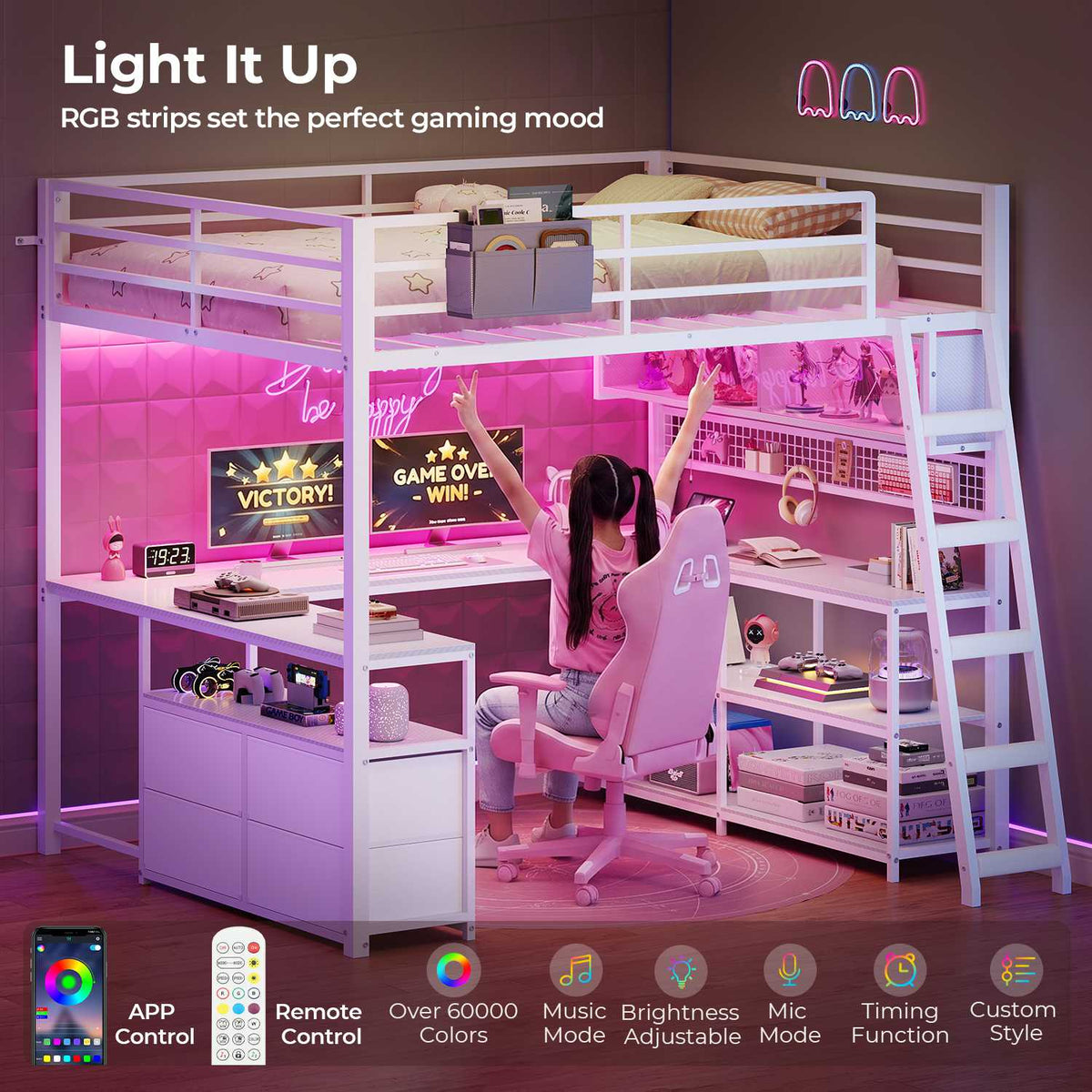 ADORNEVE Gaming Loft Bed Full Size with U-Shaped Desk and Power Hub Loft Bed with RGB Acrylic Sliding Cabinet and 2-tier Shelf Padded Steps Carbon Fiber Loft Bed with 4 Drawers and  Angled Ladder