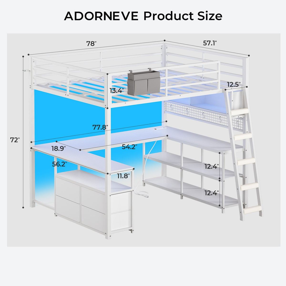ADORNEVE Gaming Loft Bed Full Size with U-Shaped Desk and Power Hub Loft Bed with RGB Acrylic Sliding Cabinet and 2-tier Shelf Padded Steps Carbon Fiber Loft Bed with 4 Drawers and  Angled Ladder