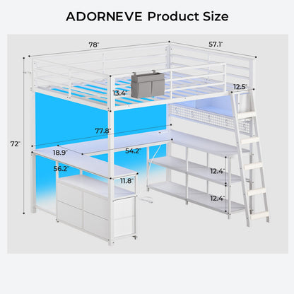 ADORNEVE Gaming Loft Bed Full Size with U-Shaped Desk and Power Hub Loft Bed with RGB Acrylic Sliding Cabinet and 2-tier Shelf Padded Steps Carbon Fiber Loft Bed with 4 Drawers and  Angled Ladder