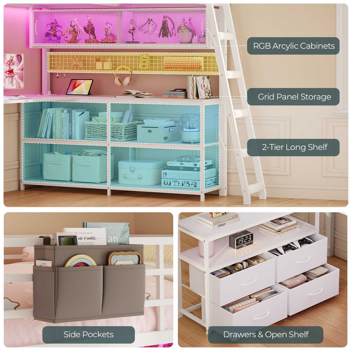 ADORNEVE Gaming Loft Bed Full Size with U-Shaped Desk and Power Hub Loft Bed with RGB Acrylic Sliding Cabinet and 2-tier Shelf Padded Steps Carbon Fiber Loft Bed with 4 Drawers and  Angled Ladder