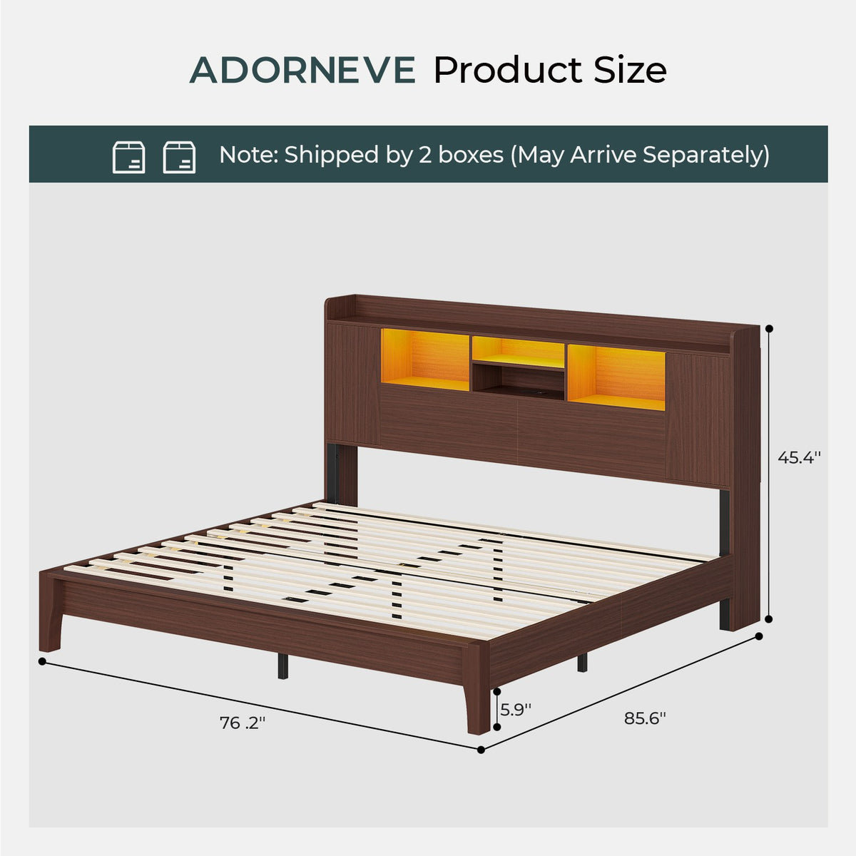ADORNEVE Wood King Bed Frame with Storage Headboard and Charging Station Mid Century Bed with LED Lights Tapered Legs