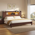 ADORNEVE Wood King Bed Frame with Storage Headboard and Charging Station Mid Century Bed with LED Lights Tapered Legs