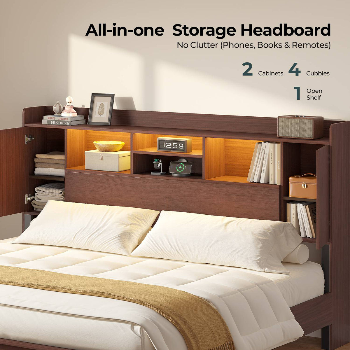 ADORNEVE Wood King Bed Frame with Storage Headboard and Charging Station Mid Century Bed with LED Lights Tapered Legs