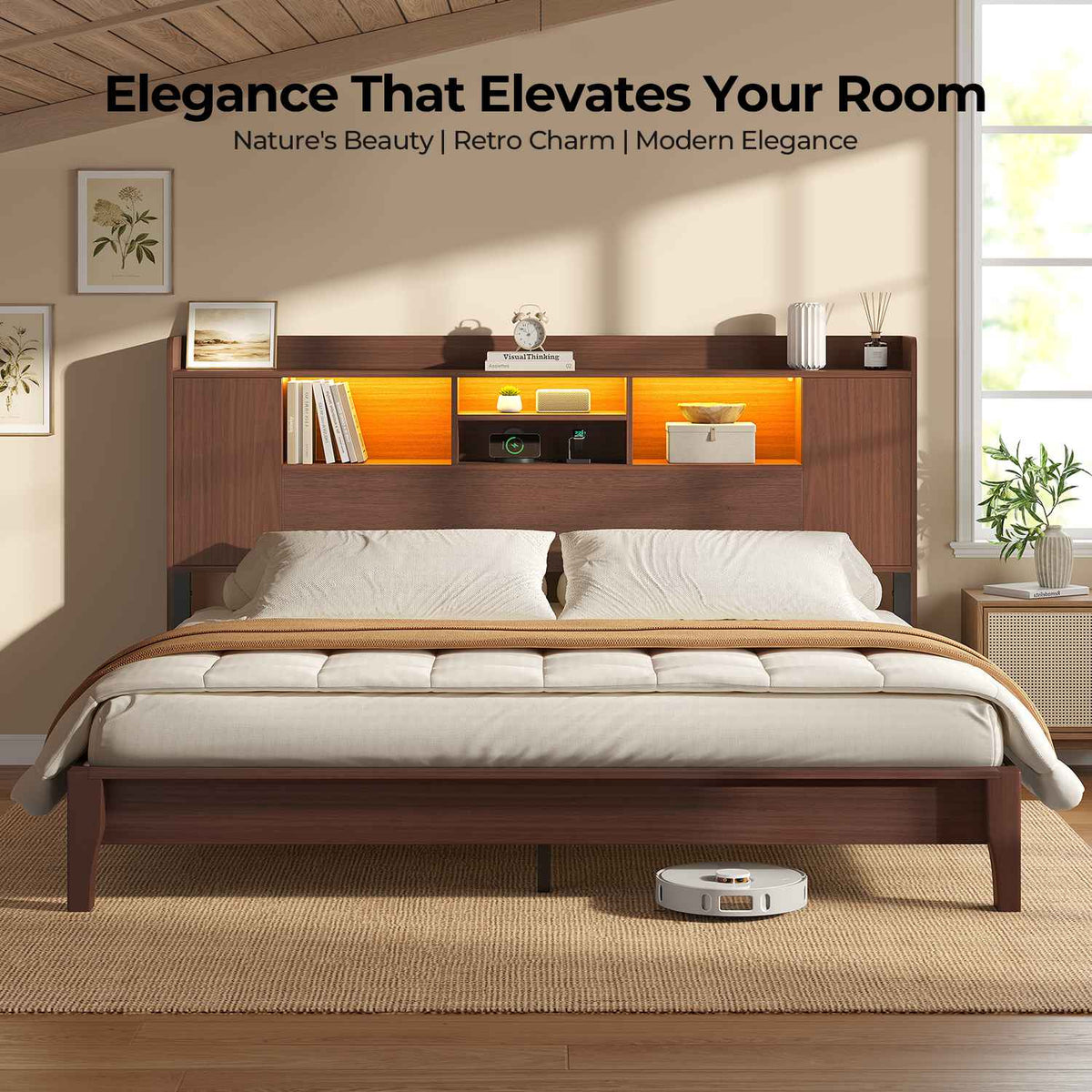 ADORNEVE Wood King Bed Frame with Storage Headboard and Charging Station Mid Century Bed with LED Lights Tapered Legs