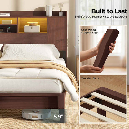 ADORNEVE Wood King Bed Frame with Storage Headboard and Charging Station Mid Century Bed with LED Lights Tapered Legs