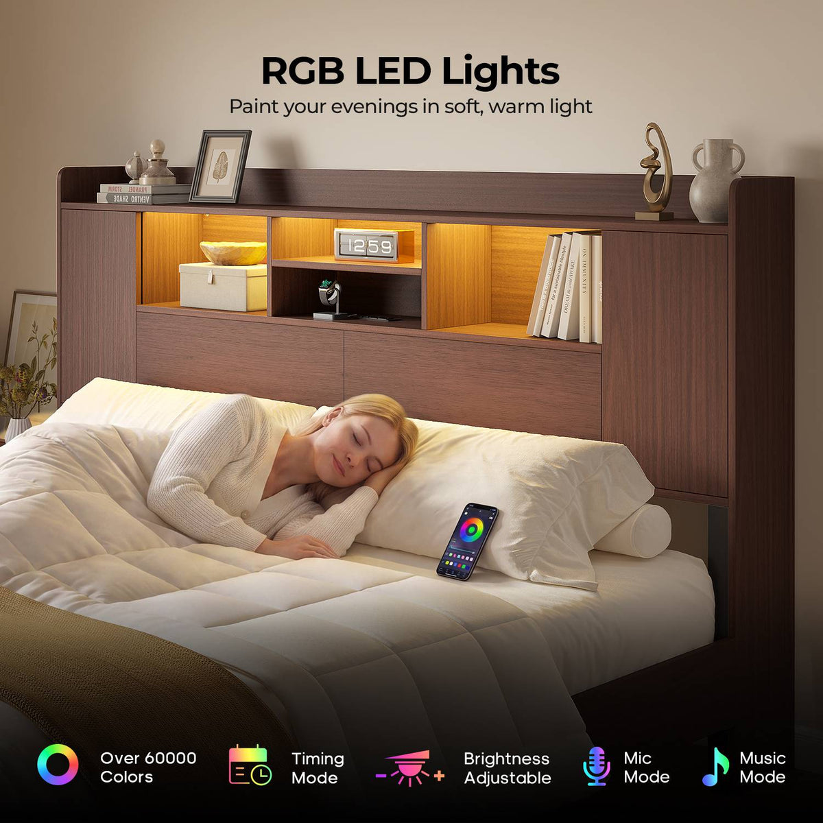 ADORNEVE Wood King Bed Frame with Storage Headboard and Charging Station Mid Century Bed with LED Lights Tapered Legs