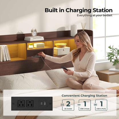 ADORNEVE Wood King Bed Frame with Storage Headboard and Charging Station Mid Century Bed with LED Lights Tapered Legs