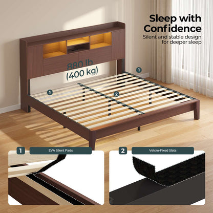 ADORNEVE Wood King Bed Frame with Storage Headboard and Charging Station Mid Century Bed with LED Lights Tapered Legs
