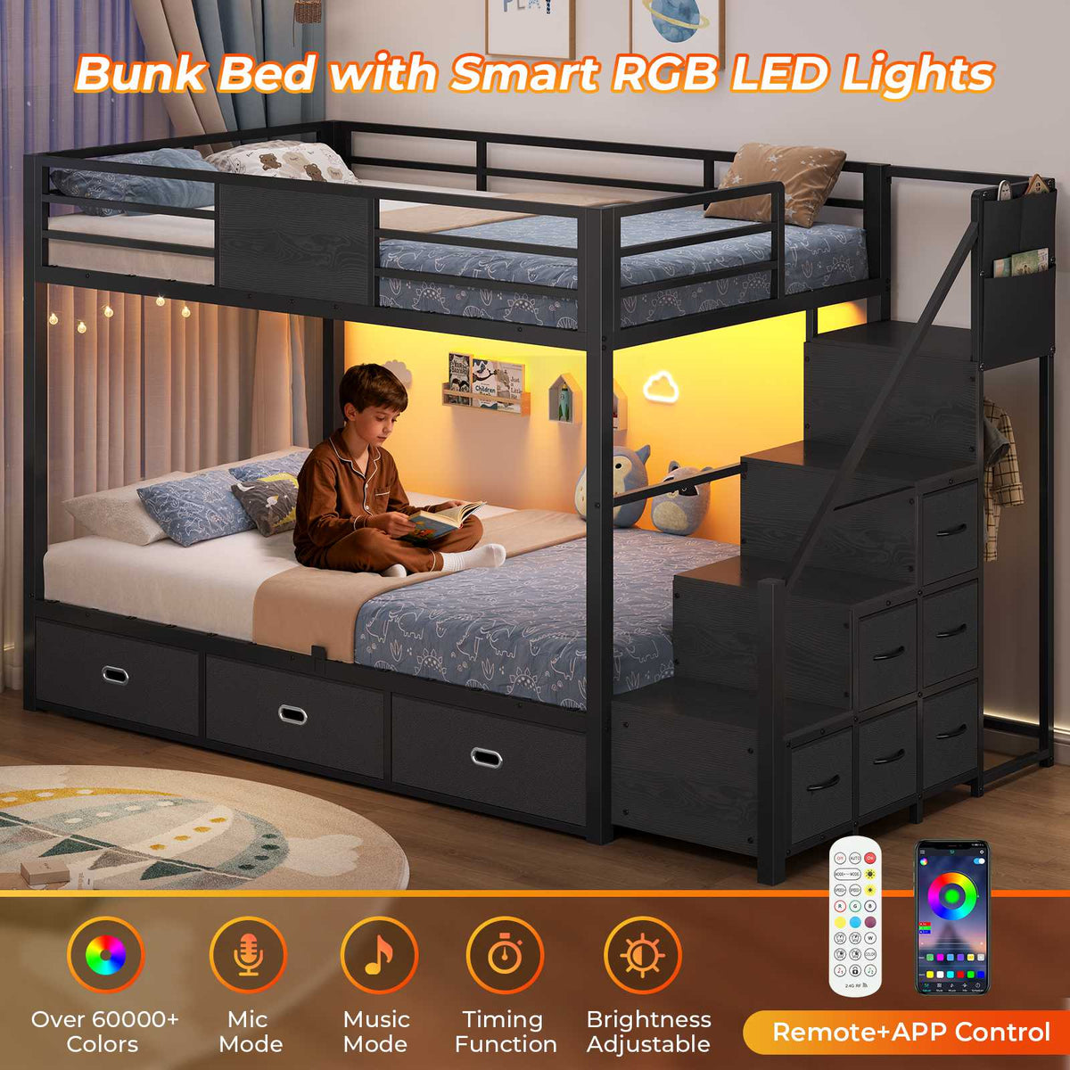 ADORNEVE | Bunk Bed Twin Over Twin with Stairs and 9 Storage Drawers Heavy Duty Bunk Bed with Hanging Area and Full-length Guardrail