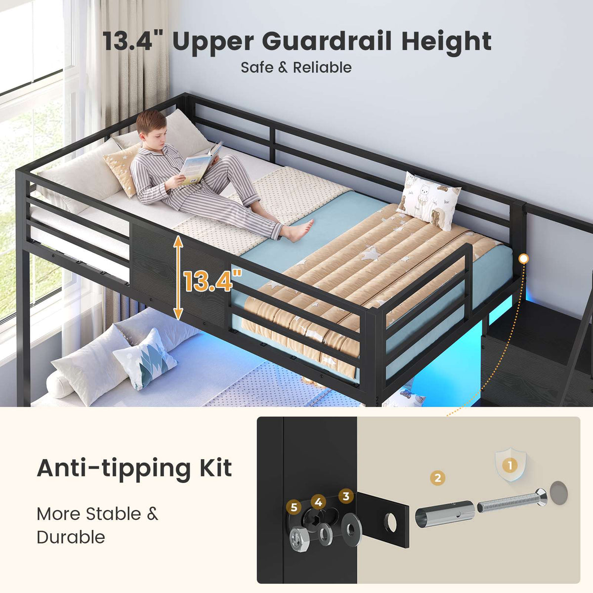 ADORNEVE | Bunk Bed Twin Over Twin with Stairs and 9 Storage Drawers Heavy Duty Bunk Bed with Hanging Area and Full-length Guardrail