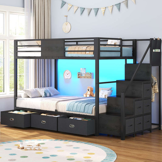 ADORNEVE | Bunk Bed Twin Over Twin with Stairs and 9 Storage Drawers Heavy Duty Bunk Bed with Hanging Area and Full-length Guardrail