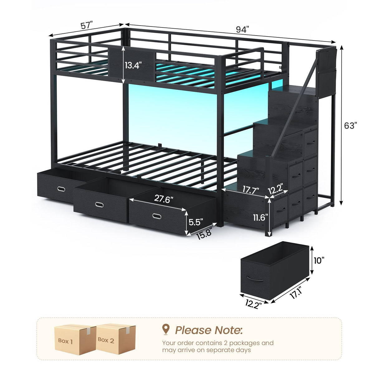 ADORNEVE | Bunk Bed Twin Over Twin with Stairs and 9 Storage Drawers Heavy Duty Bunk Bed with Hanging Area and Full-length Guardrail