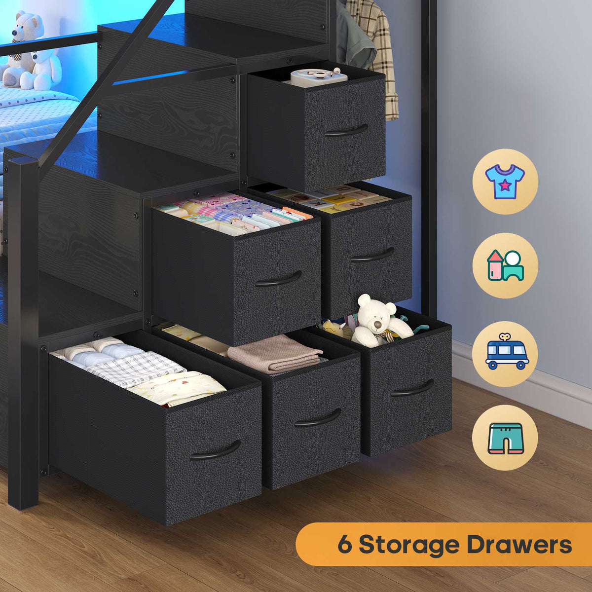 ADORNEVE | Bunk Bed Twin Over Twin with Stairs and 9 Storage Drawers Heavy Duty Bunk Bed with Hanging Area and Full-length Guardrail