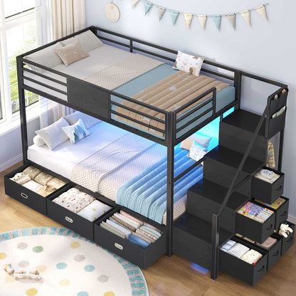 ADORNEVE | Bunk Bed Twin Over Twin with Stairs and 9 Storage Drawers Heavy Duty Bunk Bed with Hanging Area and Full-length Guardrail