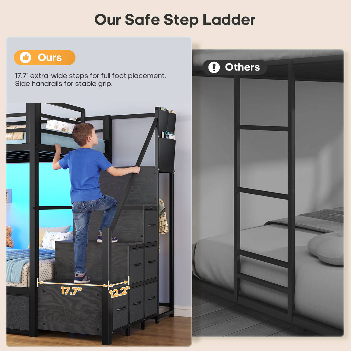 ADORNEVE | Bunk Bed Twin Over Twin with Stairs and 9 Storage Drawers Heavy Duty Bunk Bed with Hanging Area and Full-length Guardrail