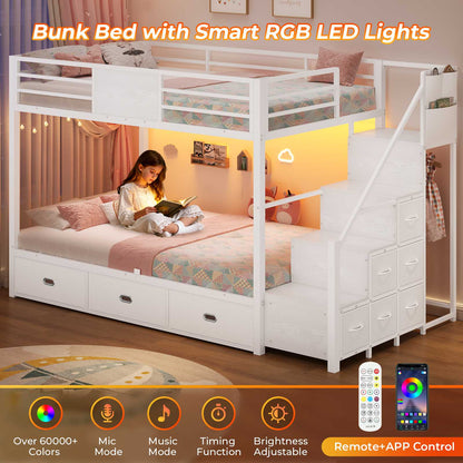ADORNEVE | Bunk Bed Twin Over Twin with Stairs and 9 Storage Drawers Heavy Duty Bunk Bed with Hanging Area and Full-length Guardrail